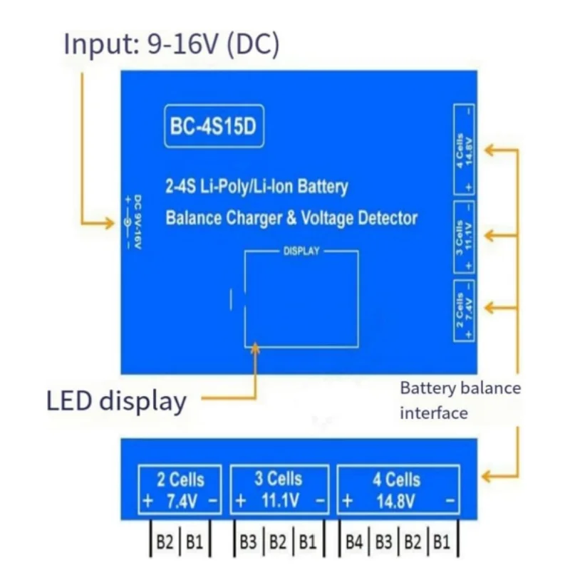 Balance Charger Voltage Detector BC-4S15D 7.4V 11.1V 14.8V Battery Lipo Li-Ion LCD Digital Display Cable Power Adapter RC Hobby