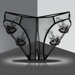 Sexy Transparent Mesh Briefs Open Crotch Underwear Ladies See-Through Floral Lace Underpants Sex Panties Erotic Lingerie