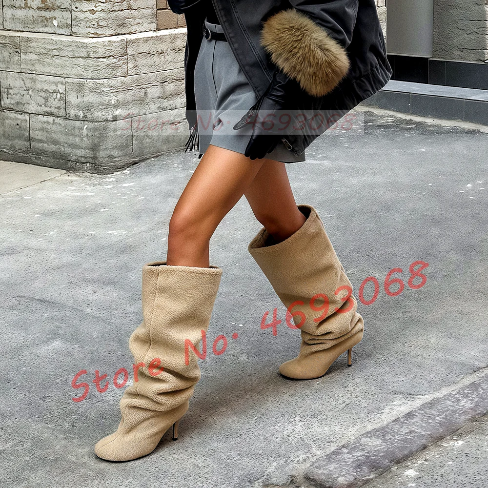Apricot Lamb Wool Knee High Boots Women Furry Winter Snow High Heels Patchwork Shoes Ladies Round Toe Pleated Stiletto Boots