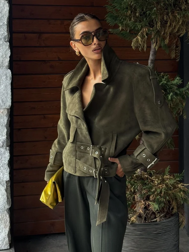 

Women Solid Cropped Belt Suede Jacket Fashion Lapel Long Sleeve Loose Asymmetry Coat Lady 2025 Autumn Green Highstreet Outerwear