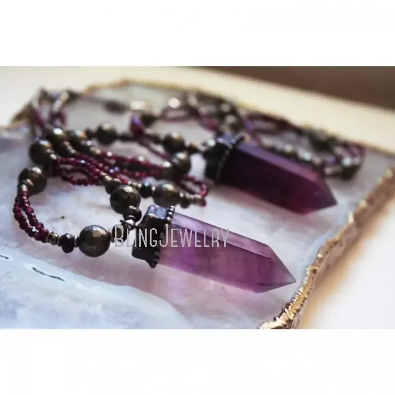 

10pcs Purple Fluorite Talisman Crystal Garnets Pyrite Bead Necklace Women Witch Wicca Gothic Boho Grunge Goth Y2k Jewelry Arcane