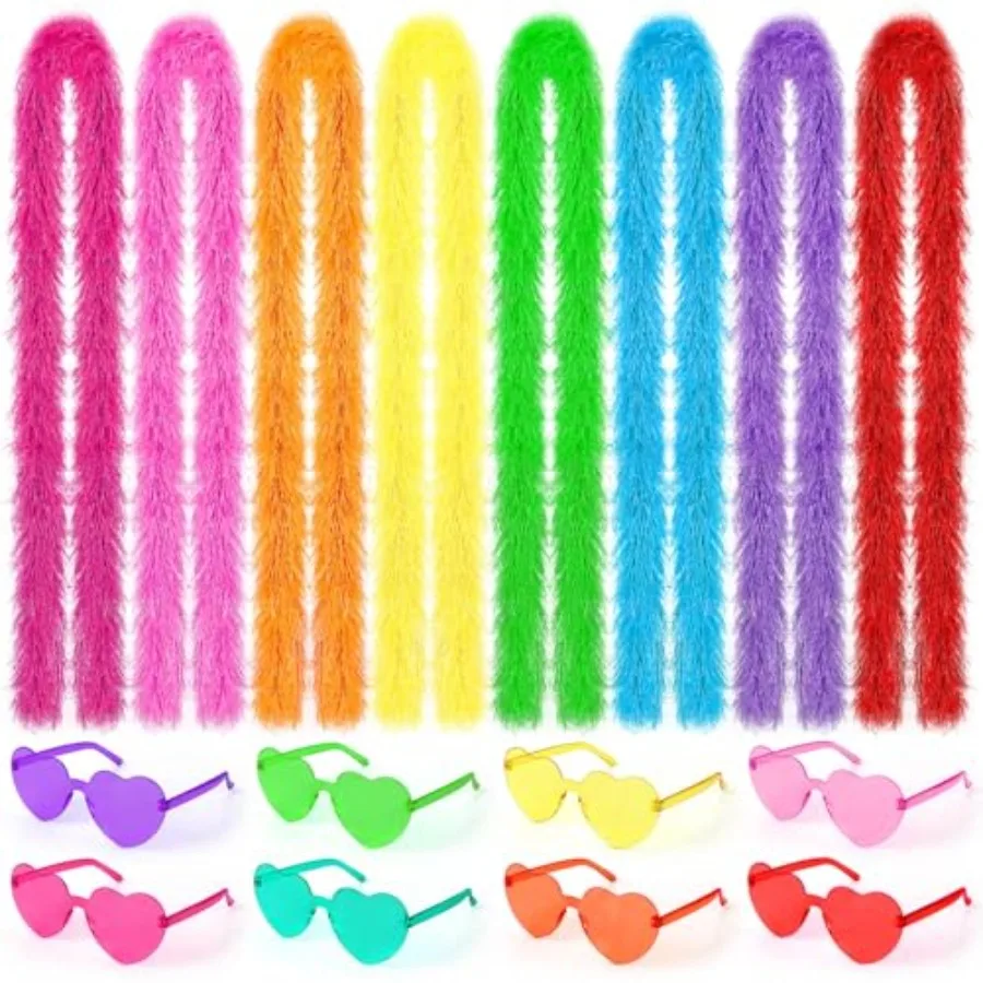 

16Pcs Feather Boas Party Pack with 8Pcs Artificial Feather Boas 6.6ft and 8Pcs Heart Sunglasses for Wedding Birthday Party Favo