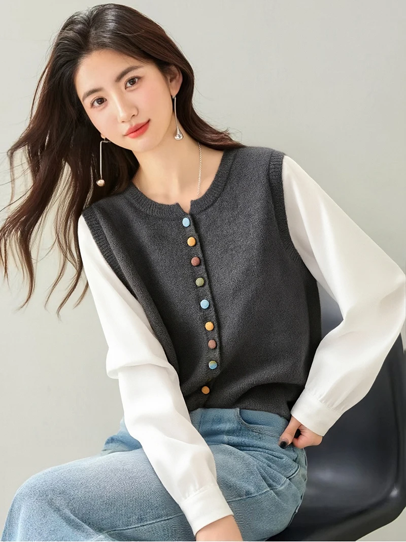 

Осень, зима, корейский, стиль, свитер, мода, сексуальный, лоскутный, женский, с длинным рукавом, вязаный, кардиган, пуговицы, искусственные две части, топы, 5102203