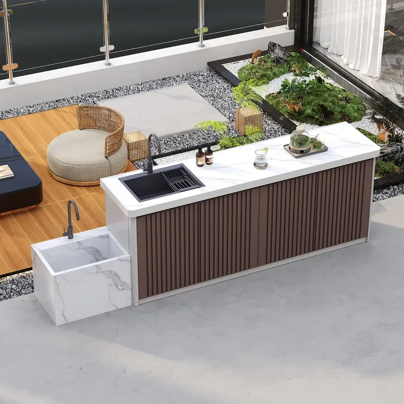 Outdoor Aluminum Alloy Console Table with Slate Sink Imitation Marble Basin for Courtyard Villa Garden Locker Storage Unit