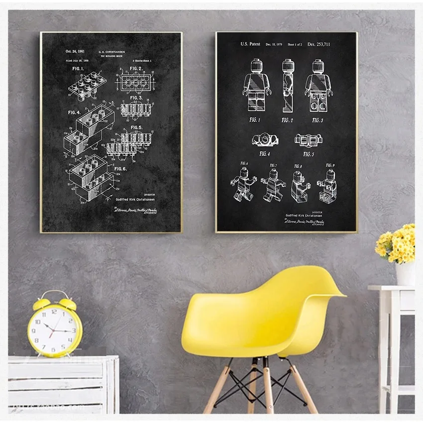 Décor de chambre d'enfants, plan Vintage, peinture sur toile, jeu d'images, idée cadeau, blocs de construction Legos, jouet imprimé breveté, poste d'art mural