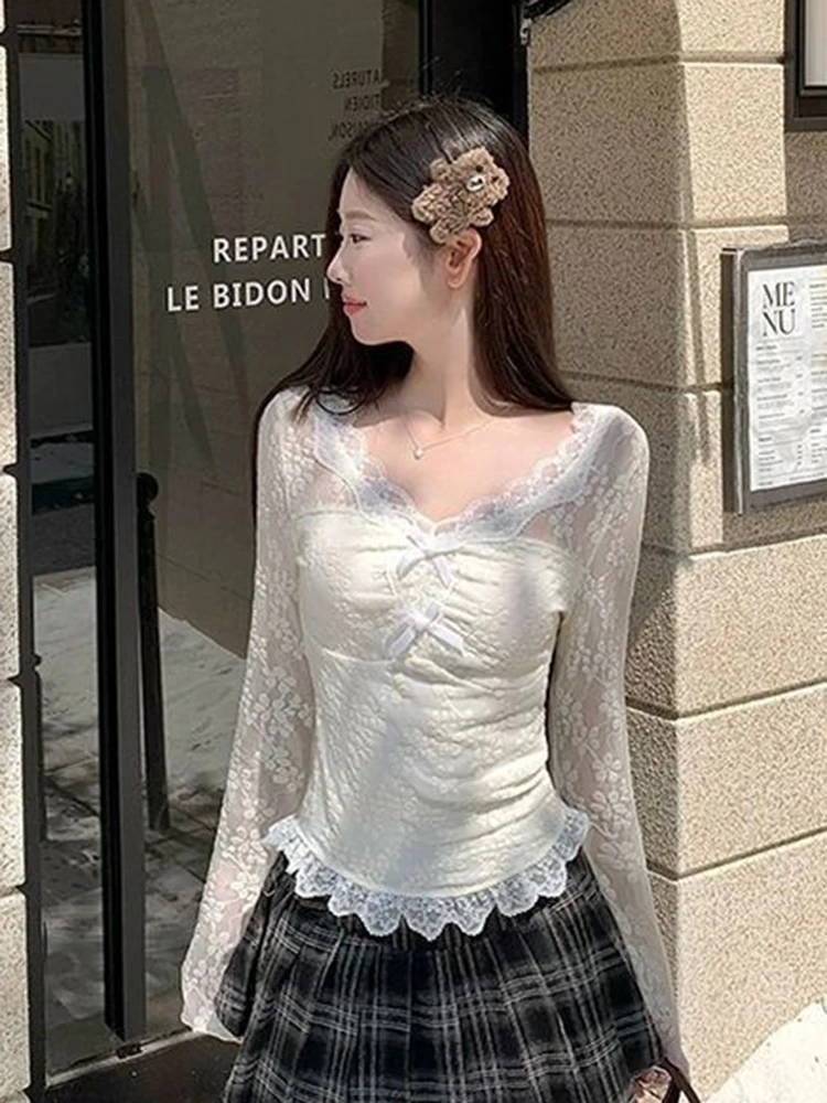 Spitze Bogen Frauen Hemd Herbst Floral Patchwork Slim Fit Langarm Bluse V-ausschnitt Sexy Mode Neue Süße Weibliche Bodenbildung Tops