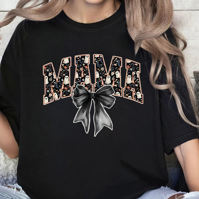 Leopard Lightning Mama Graphic T Shirts Cute Flower Bow Mom Life Vintage T Shirts New Mom Gift Wildflowers Mama Crewneck T-shirt