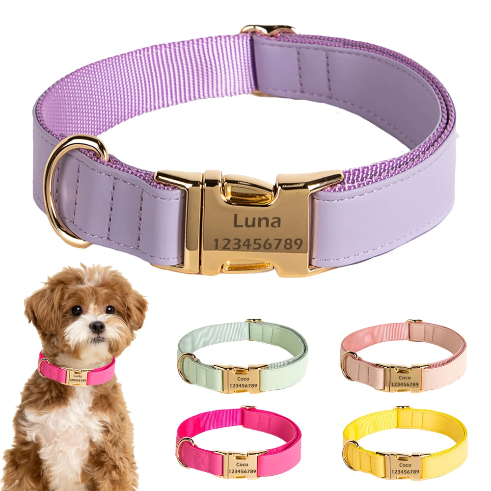 Personalized ID Tag Dog Collar Pink Purple Nylon Dog Collar Adjustable Free Engraved Puppy Collar for Small Large French Bulldog