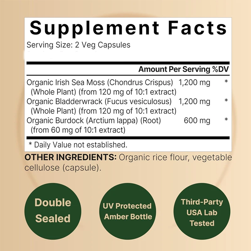 Irisches Algen 60 vegetarische Kapseln aus Bio-Rohpulver, kombiniert mit Blase und Klettenwurzeln, fördert die Immunität
