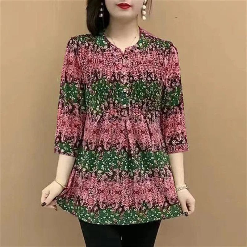 Damen bekleidung Frühling Sommer Mode druck Bluse lässig o Hals Dreiviertel ärmel Hemd weibliche lose Tunika Tops Blusas