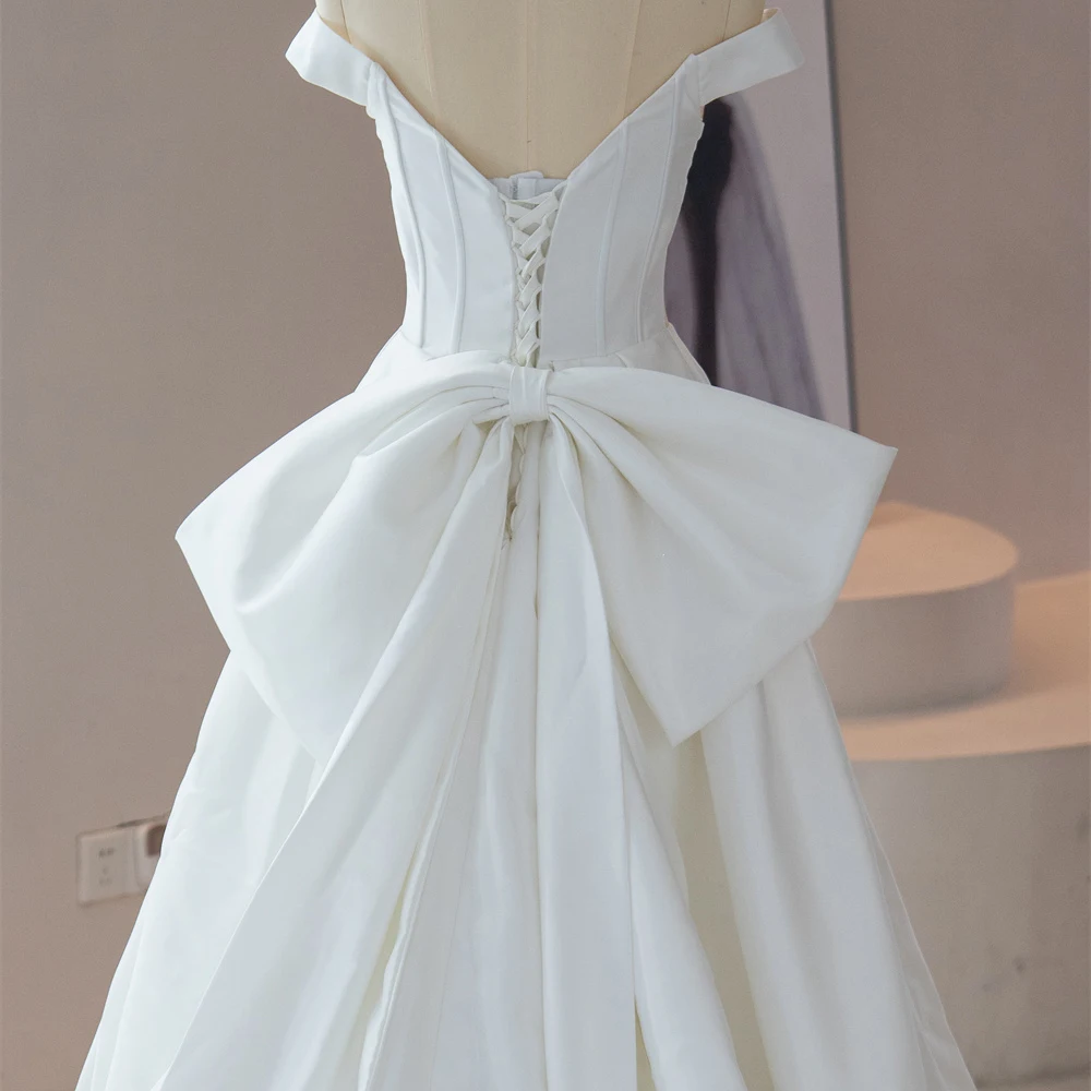 Classic Scoop Wedding Gowns for Women Satin A-line Short Sleeves Court Train With Bow Robe De Mariee Customised QD06375