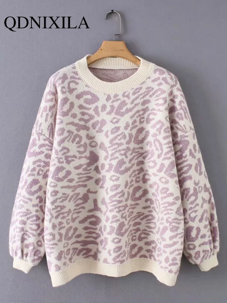 New Sweater Women Turtleneck Leopard Knitted Sweater Print Winter Thick Female Pullovers Casual Tops Oversized Sweater Pullover