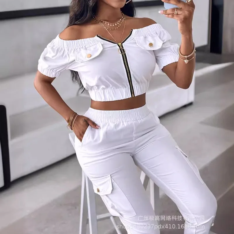 2024 Spring Summer New Women\'s Clothing White Off-Shoulder Short Sleeve Patch Pocket Top Suit Casual Trousers Set