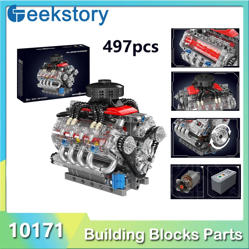 497pcs 10171 V8 Engine MOC Building Blocks LSX454 Model Set With L Motor Power Function City DIY Boys Assembled Toys Bricks