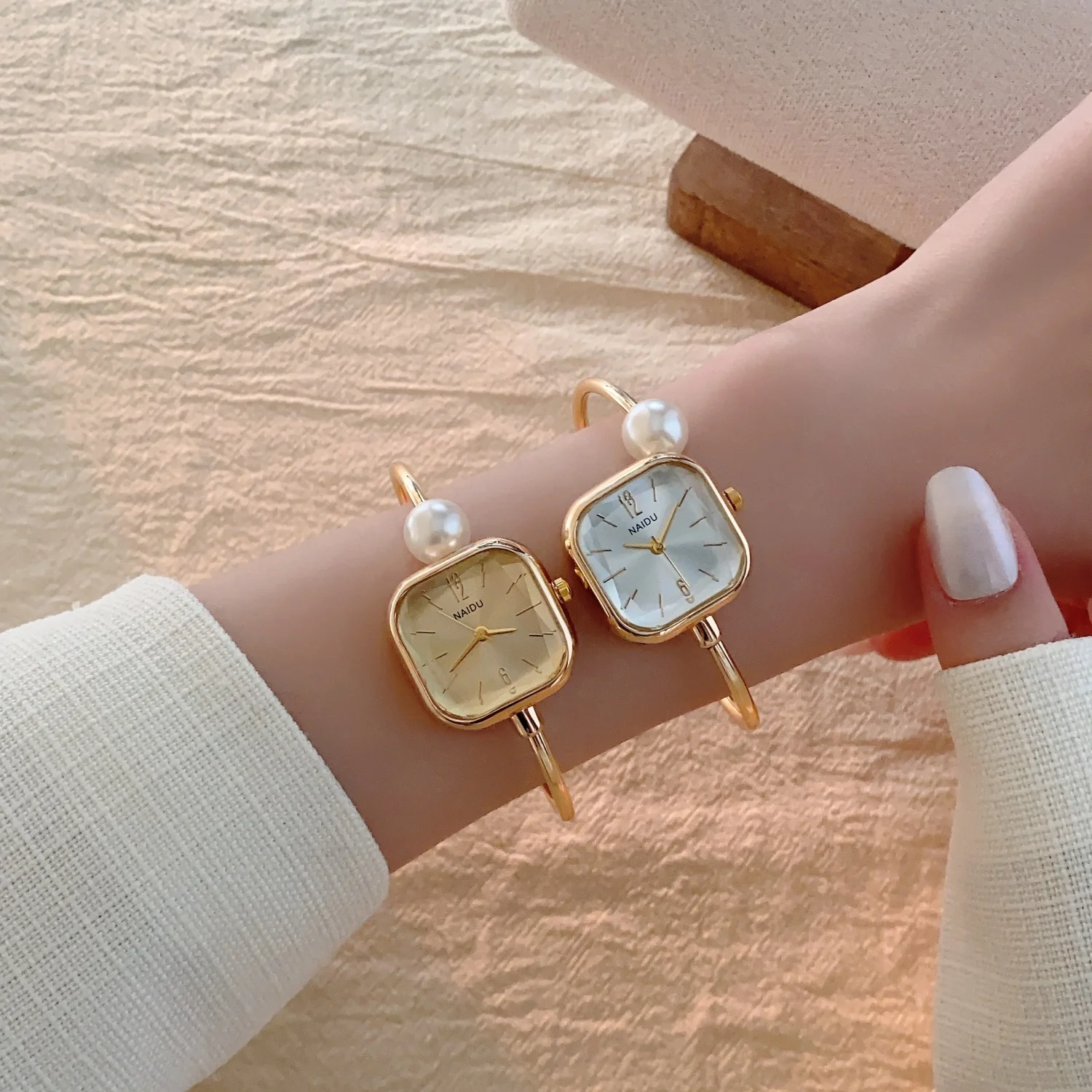 Fashion Pearl Bracelet Wristwatch Ladies Open Design Square Dial Quartz Watch Dress Versatile Watches For Women Montre Femme