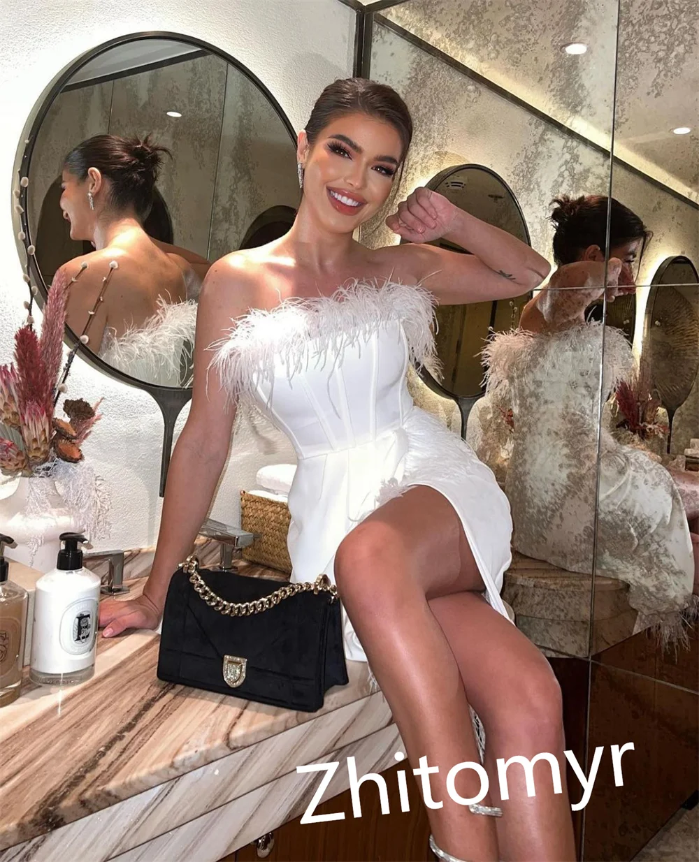 Jiayigong Strapless Feather Prom Gown, Tamanho do joelho Vestidos, Arábia Saudita Bainha, Bespoke Ocasião