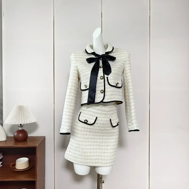 

Sweet Hot Girl Elegant Suit Women's Autumn Bow Long-sleeved Short Coat High Waist A-line Skirt Two-piece Set Female Clothes