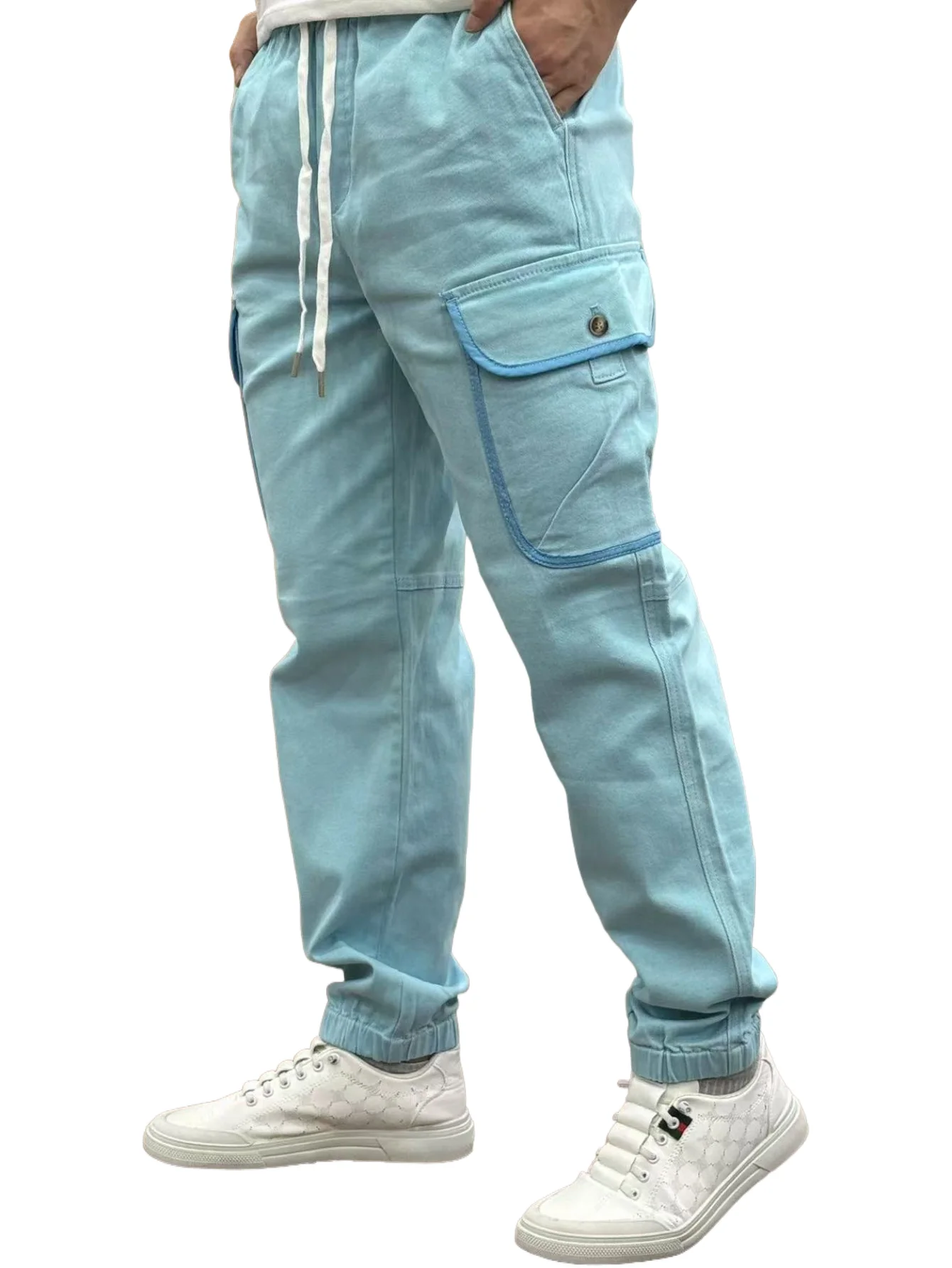 กางเกงยีนส์ผู้ชาย KING JEANS เอวยางยืดพร้อมเชือกรูดรัดขา ดีไซน์กระเป๋าหลายช่อง สไตล์ฮิปฮอปและมอเตอร์ไซค์