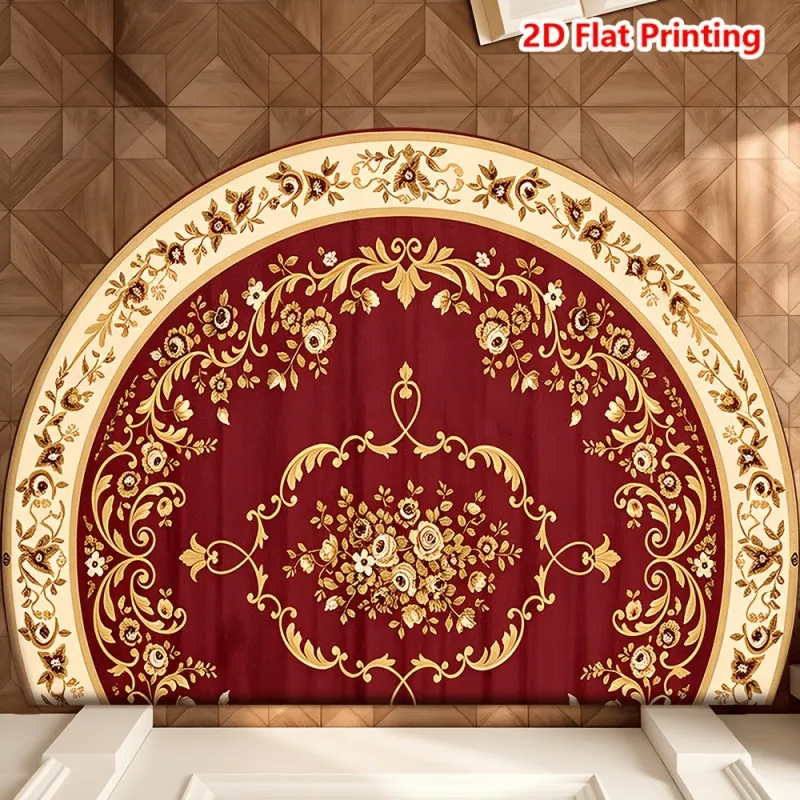 Red Floral Semicircle Doormat Deep Red Background with Gold Roses and Leaves Non Slip Floor Mat for Luxurious Home Decor