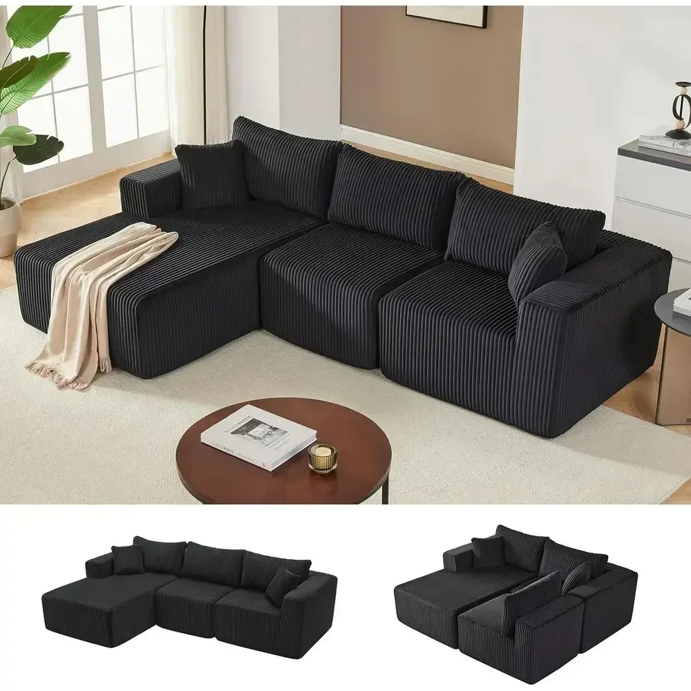 97 Deep Seat Cloud Couch, L-Shaped Chaise, Minimalist Upholstered Sectional Sofa, No Assembly Needed, Corduroy Black