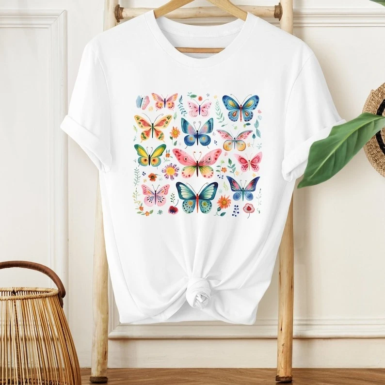 

Cute Butterflies Pattern Wildflowers Butterfly Boho Botanical Cottagecore Floral Shirt Nature Lover Fern Printed T-shirt Tops
