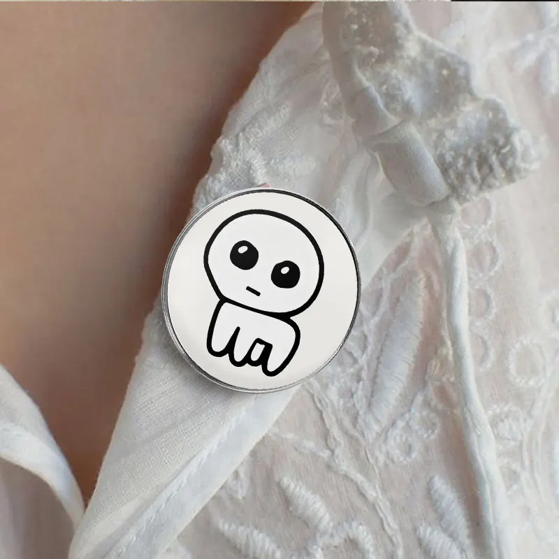 Cute White Alien Creature UV Printing Badge Minimal Black Line Art Pin Metal Brooch Lapel Accessory Gift For Meme Fans