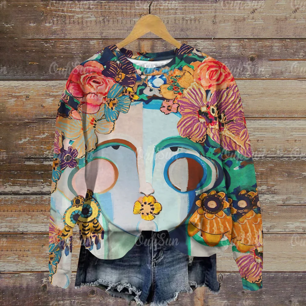 Autumn Fashion Hoodie Women 3d Floral O-Neck Sweatshirts Girls Face Painting Harajuku Colorful Beautiful Loose Female Clothing