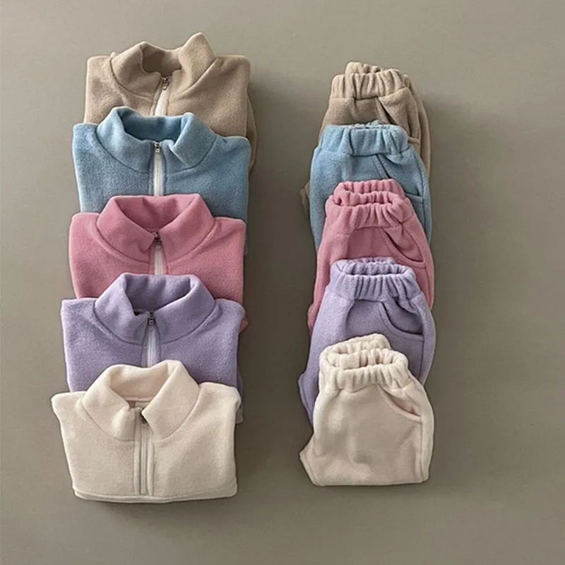 Winter Baby Clothes Sets Girls Boys Coats+Pants 2Pcs Sports Suits Solid Color Thicken Fleece Warm Toddler Casual Tracksuit