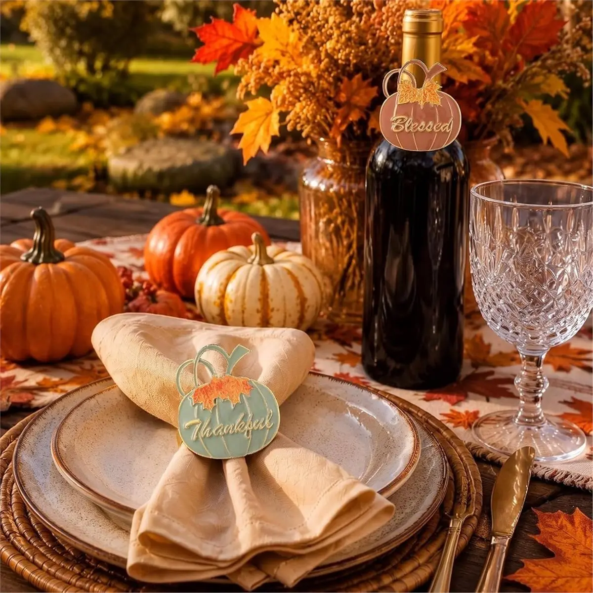 12 Pcs Thanksgiving Pumpkin Napkin Rings Pumpkin Maple Leaf Napkin Rings for Thanksgiving Halloween Table Decorations