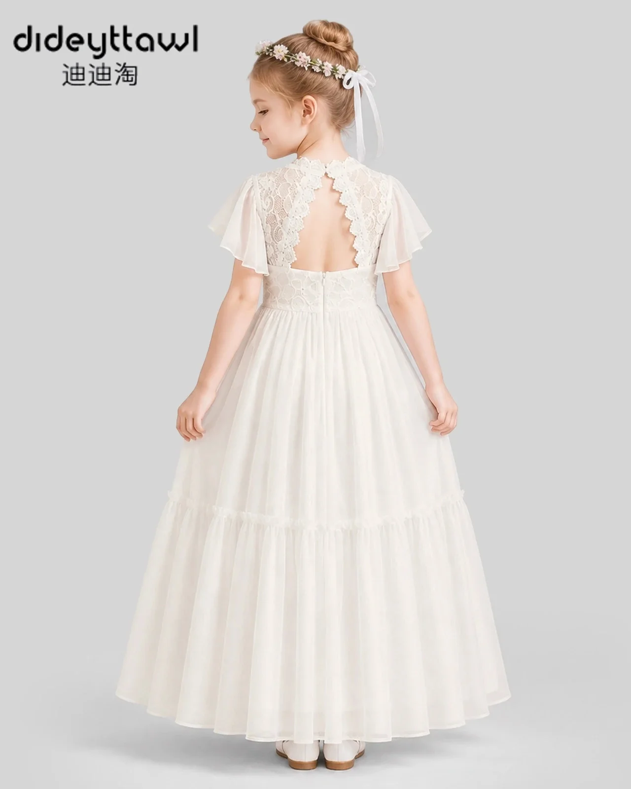 Dideyttawl Lace Flower Girl Dress V Neck Flutter Sleeve Hollow Back Chiffon Tiered Long Gown Kids Birthday Formal Party Dress