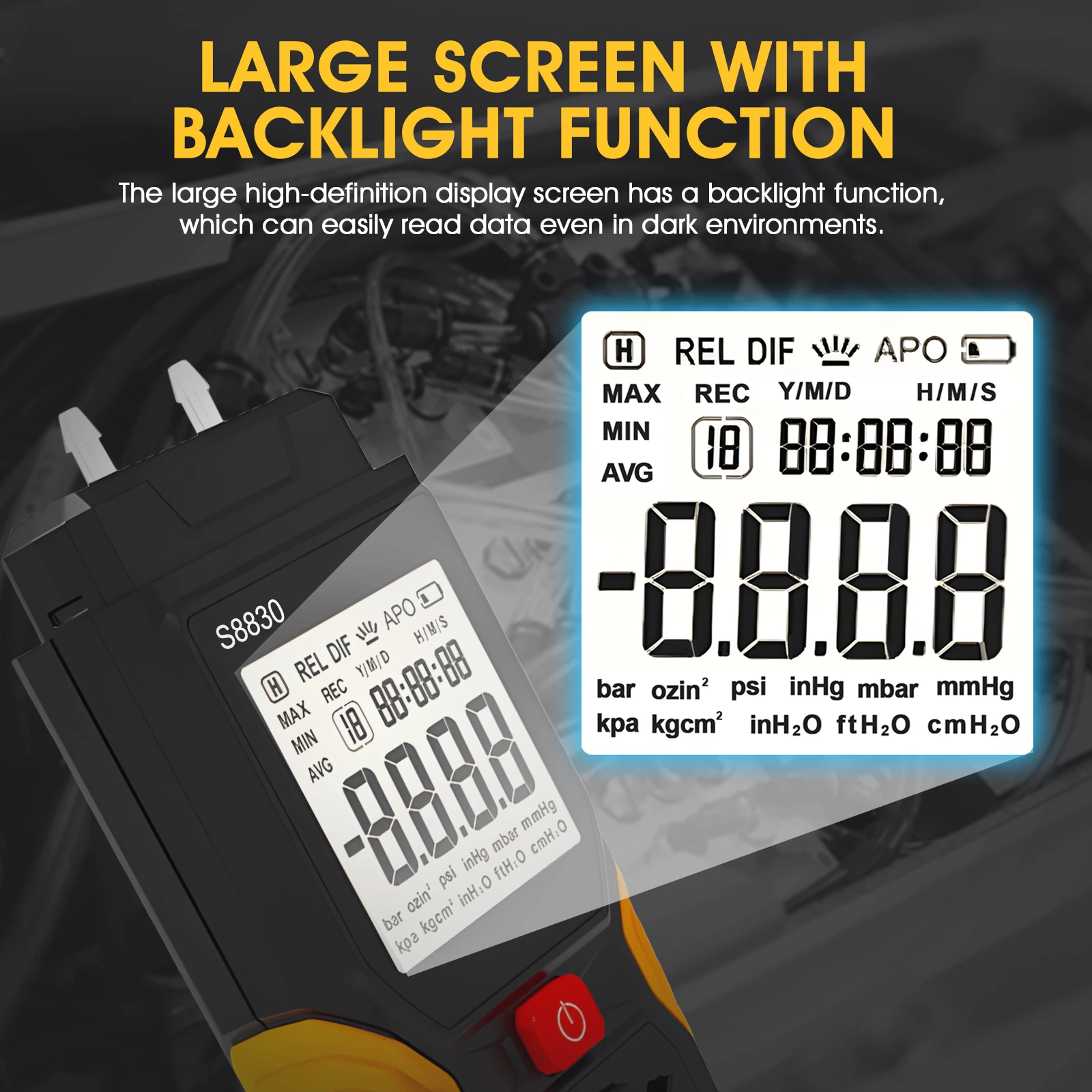 

Digital Manometer ±36.80kPa/±5.337Psi 12 Units DIF Mode 99 Data Backlight Auto Off for HVAC Gas Pressure Tester