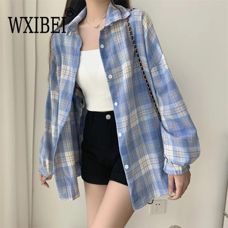 Camisa de tartán de manga larga con cuello y botones para mujer, camisa a cuadros de gran tamaño, chaqueta Grunge, moda para adolescente, traje de primavera y verano