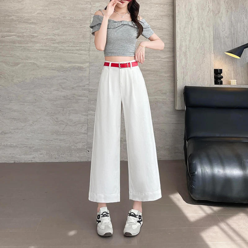 

White narrow version of nine-point wide-leg pants for women 2025 spring and summer style Tiansi cotton draped loose slim straigh