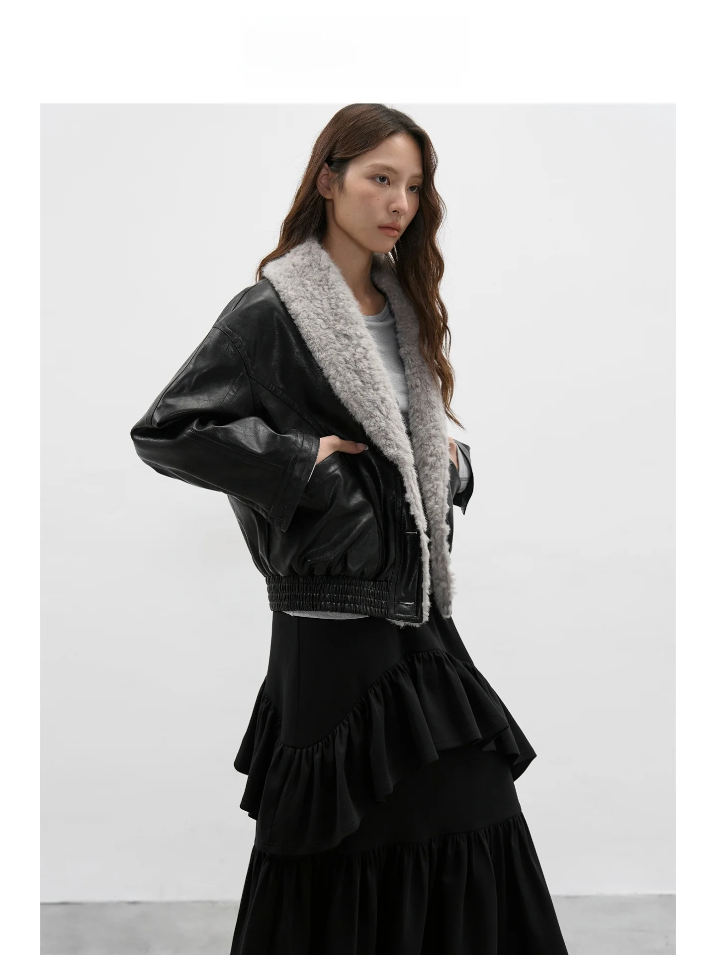 

EIGHTHMONTH Leather Jaet Women's Design Slimming ort Biker Coat Fur And Leather Splicing Jaet Commute Sle Long Sve