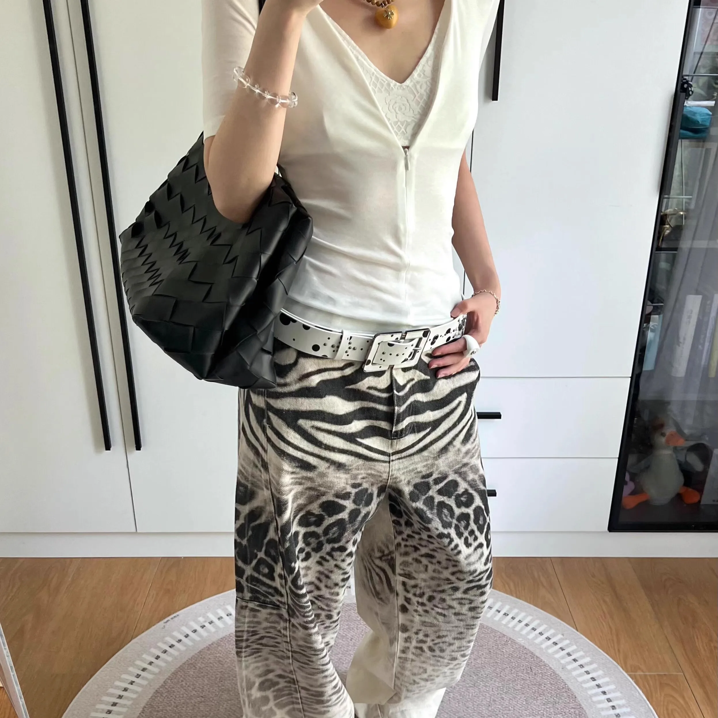 

Американские ретро леопардовые джинсы женские весенние новые свободные универсальные прямые широкие брюки с высокой талией модные уличные джинсовые брюки