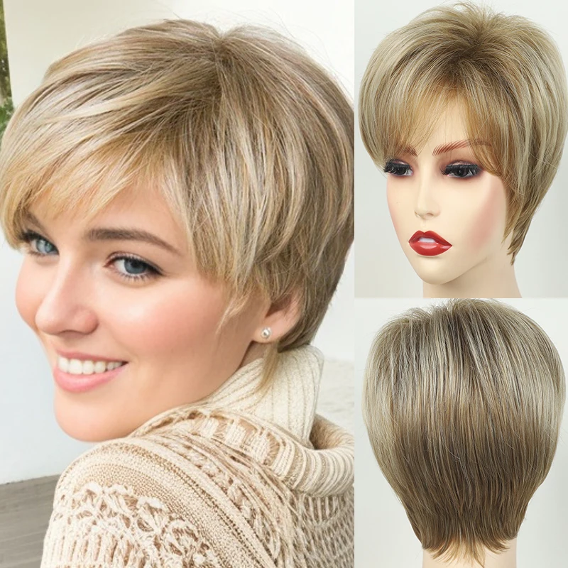 Perruque synthétique courte avec frange pour femme, blonde ombrée, coupe Pixie, coiffure pour maman, 03/fête