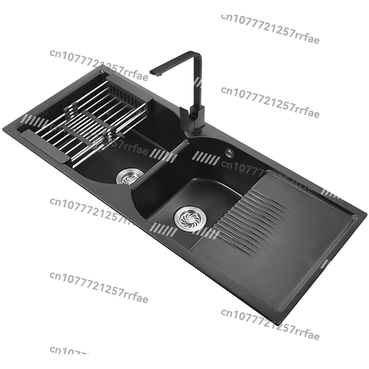 

Multifunctional Household Quartz Stone Double Cylinder Black Sink with Thaw Plate