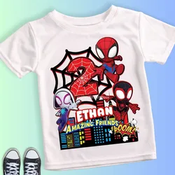 Homem-Aranha e seus amigos aniversário camisa branca, Homem-Aranha personalizado nome t-shirt, festa de aniversário, verão, criança, 2, 3, 4, 5, 6, 7, 8, 9