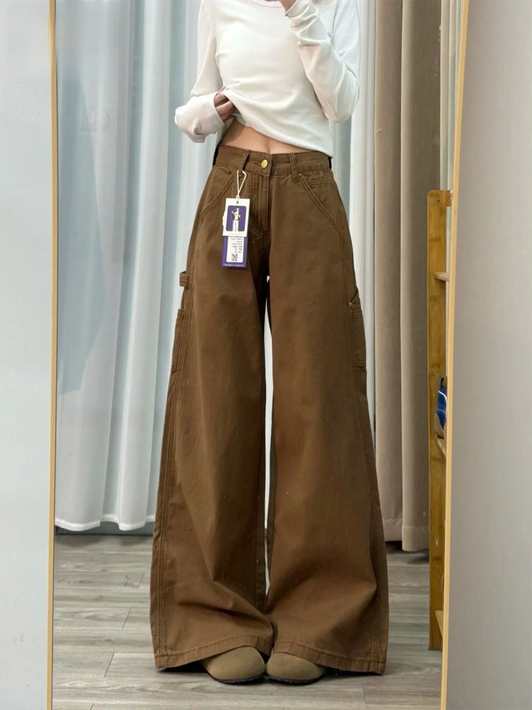 

Brown Card Color Retro Workwear Wide Leg Denim Jeans Women's Loose Fashionable Summer Slim Straight Pants High Waist Zipper C...