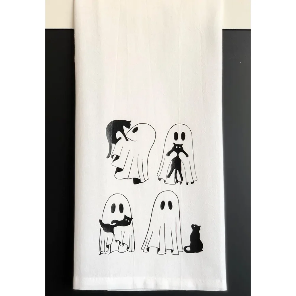 

Halloween Ghost and Black Cat Tea Towel Fall Holiday Home Kitchen Accessory Gift for Cat Lover Spooky Season Table Decoration