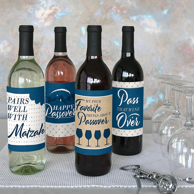 Happy Passover - Pesach Jewish Holiday Party Decorations for Women and Men - Wine Bottle Label Stickers