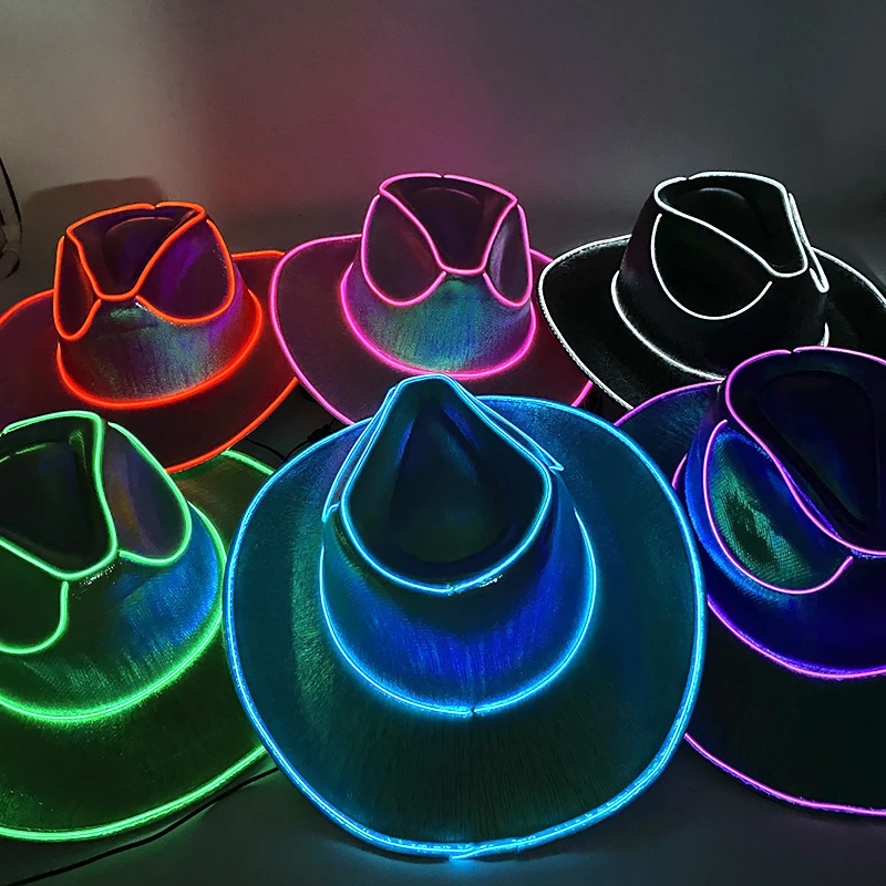 1Set Fashion EL Neon Light Cowgirl Hat with Square Scarf LED Glow Pink Cowboy Hat for Bachelorette Wedding Women Party Supplies view 3