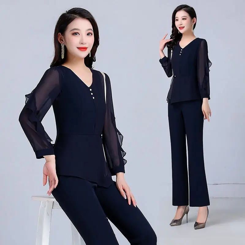 Ensembles de pantalons en mousseline de soie pour femmes, surdimensionnés, col en V, patchwork, bord champignon, tenues féminines, nouvelle mode, printemps, 2024, 2 pièces