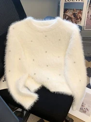 Zoki Chic Diamonds Sweaters Women Sweet Korean Long Sleeve Faux Mink Cashmere Pullover Top Fashion Elegant White Knitted Jumper