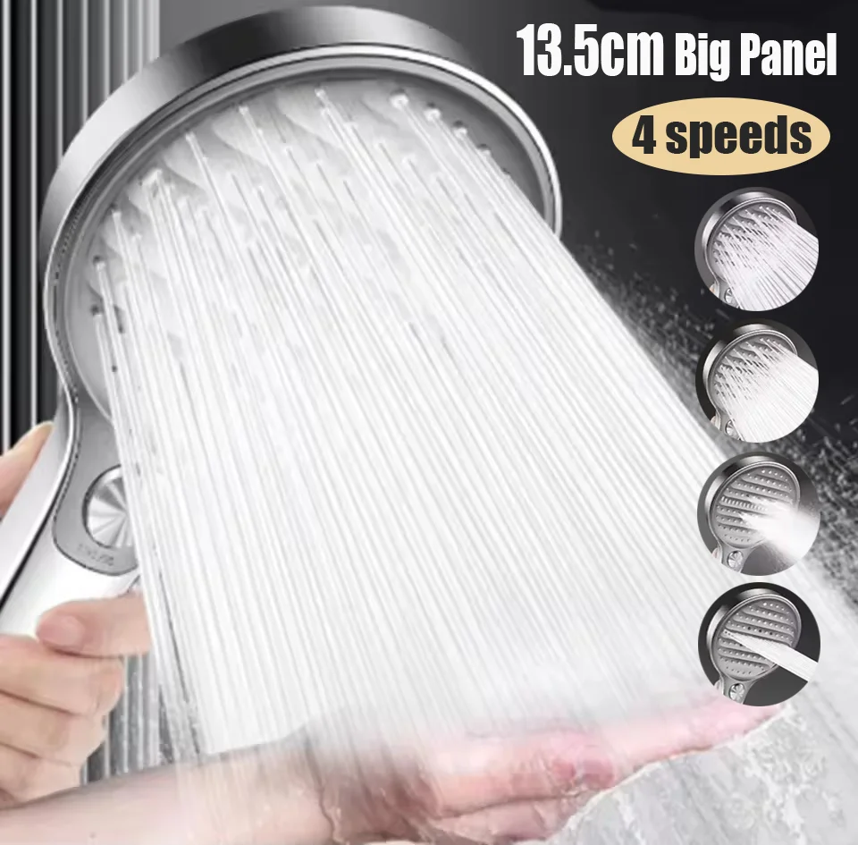 

13.5CM Large Panel 4 Modes Pressurized Shower Head Multi-function Sprayer High Pressure Adjustable Shower Bathroom Accessories