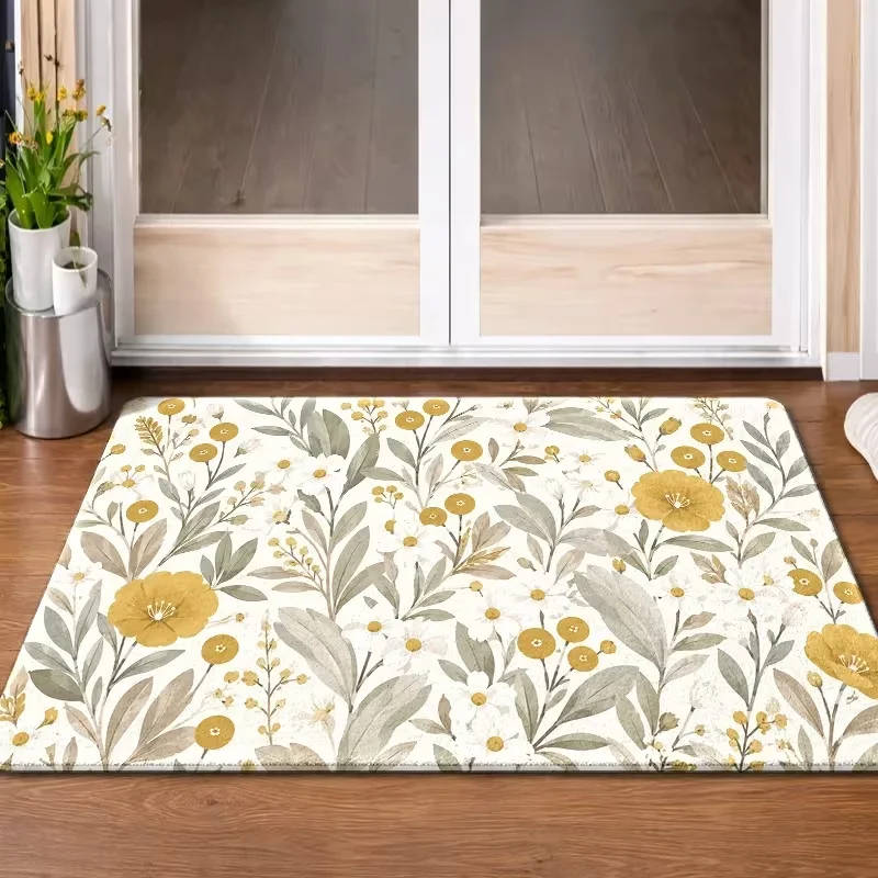 Vintage Patchwork Floral Leaf Bird Door Mat Non Slip Entrance Doormat Boho Multi Grid Plant Pattern Floor Rug