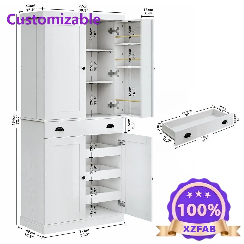 Factory Direct 2026 Kitchen Pantry Cabinet 72 Height, Freestanding Cupboard with Drawer, Sliding Storage Rack, and 6 Hanging