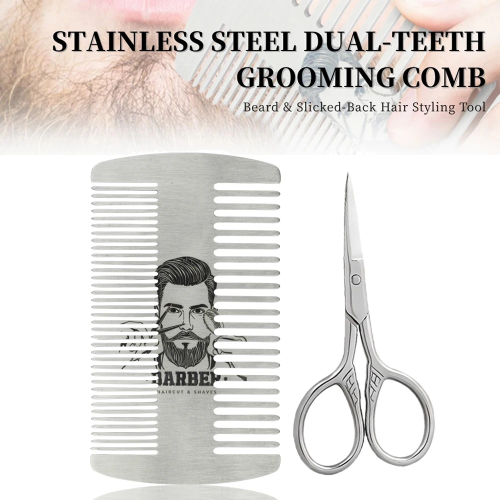 2PCS Men Beard Care Set Stainless Steel Two-Sided Beard Comb Professional Mini Scissors Daily Portable Mustache Grooming Tools