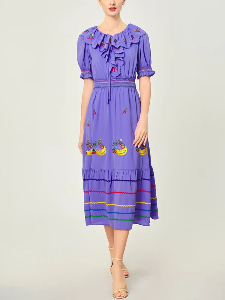 

JUNLINNA Fashion eLEGANT Women Runway Dress Ruffles O-neck Short Puff Sleeve Embroidery Vestidos Elastic Waist Party Street