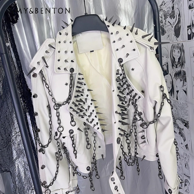 

Gothic Dark Punk Rivet Chain Women's Jacket European American Autumn Winter New Locomotive Heavy Design PU Leather Coat Ladies